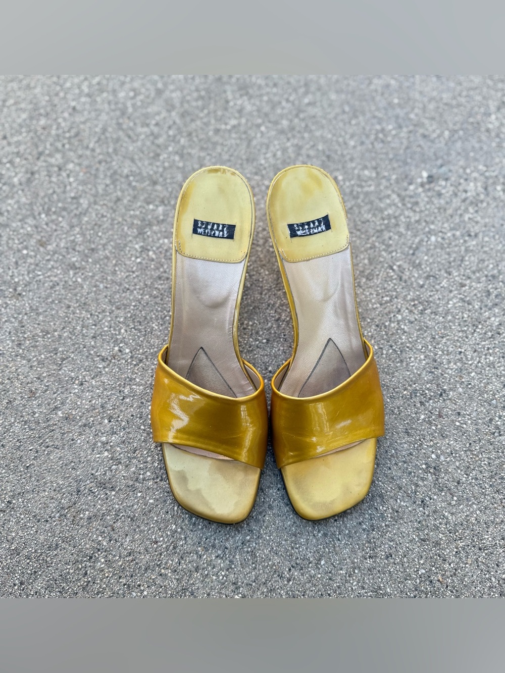 Stuart Weitzman patent leather Slide Mule block heel vintage gold yellow prelove